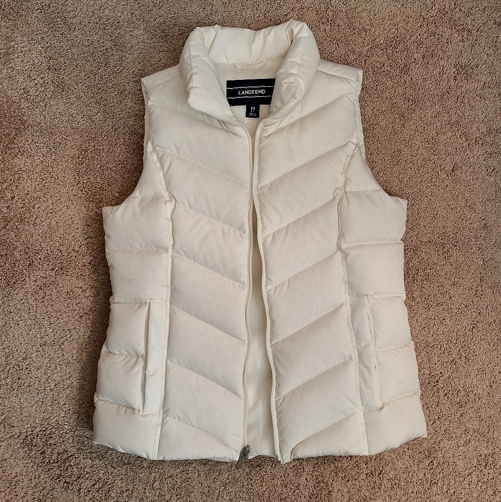 Lands' End Quilted Puffer Down Vest | sz XS, cream, full zip